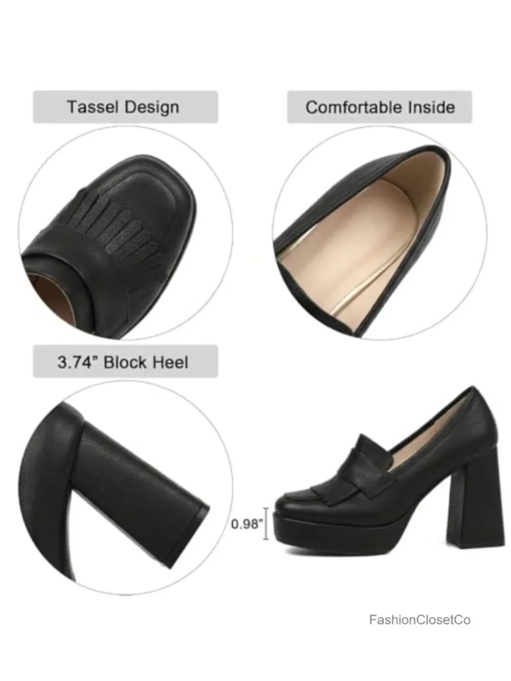 Women's Heeled Loafers Platform Chunky High Heel PU Slip On Square Toe Tassel